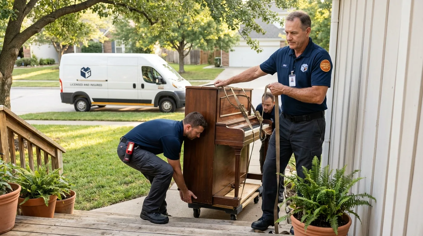 Licensed piano movers securing grand piano in Homer, NY