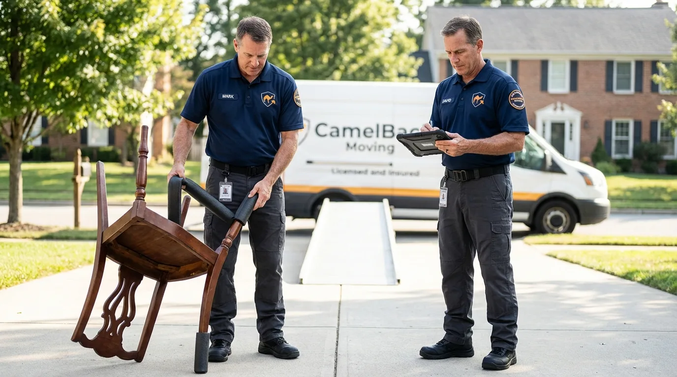 Movers inspecting furniture for damage prevention before loading in Homer, NY