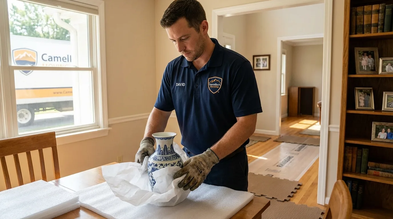 Professional crew carefully wrapping antique vase for senior downsizing move in Homer, NY